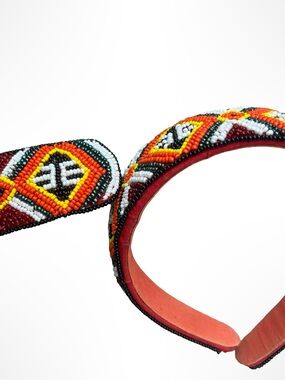 Handcrafted African Beaded Headband, Barrett Fringe Scrunchie Set
